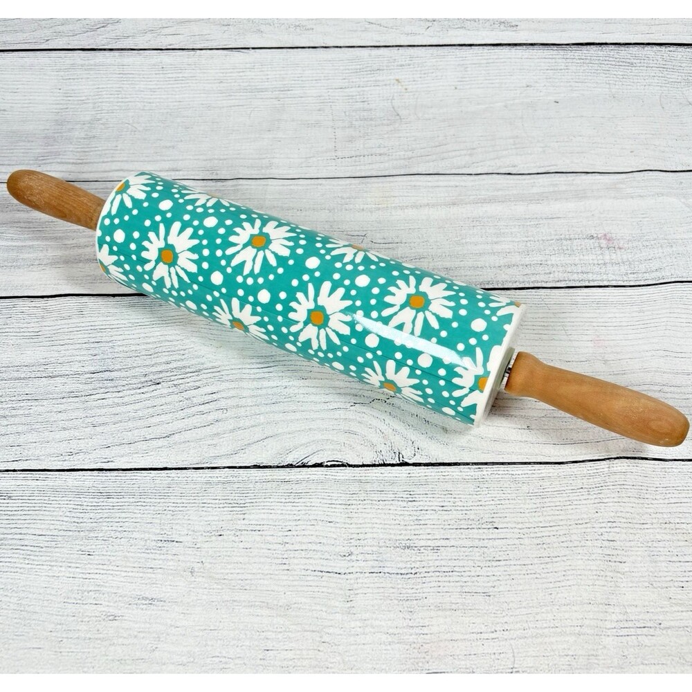 The Pioneer Woman Flea Market Teal Daisy Floral Rolling Pin Ceramic Wood 18"
